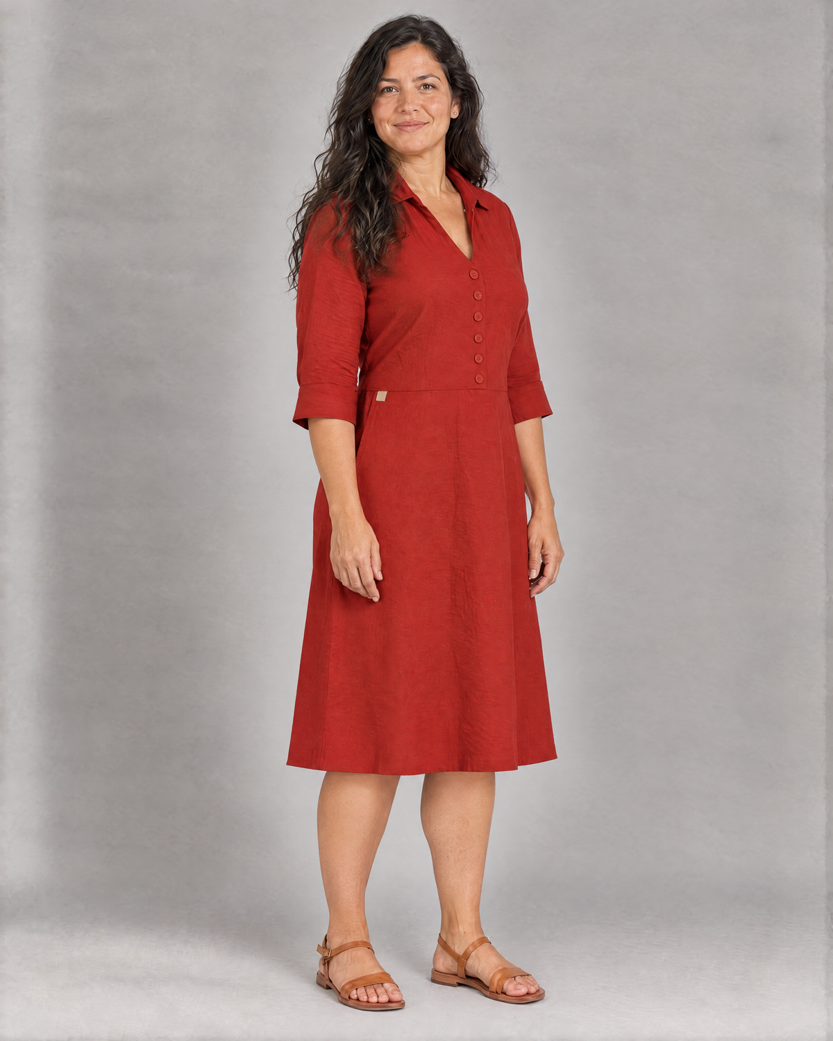 CARRY red linen A-line midi shirt dress, three-quarter view