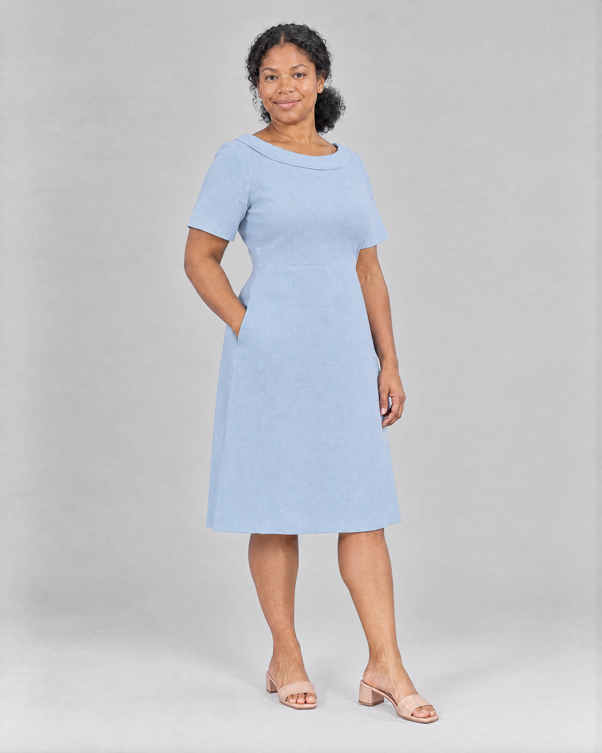 STORY PETITE Light Blue linen dress, three-quarter view