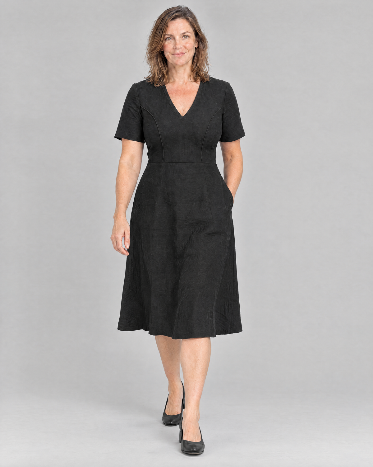 ROOM black linen A-line midi dress in motion