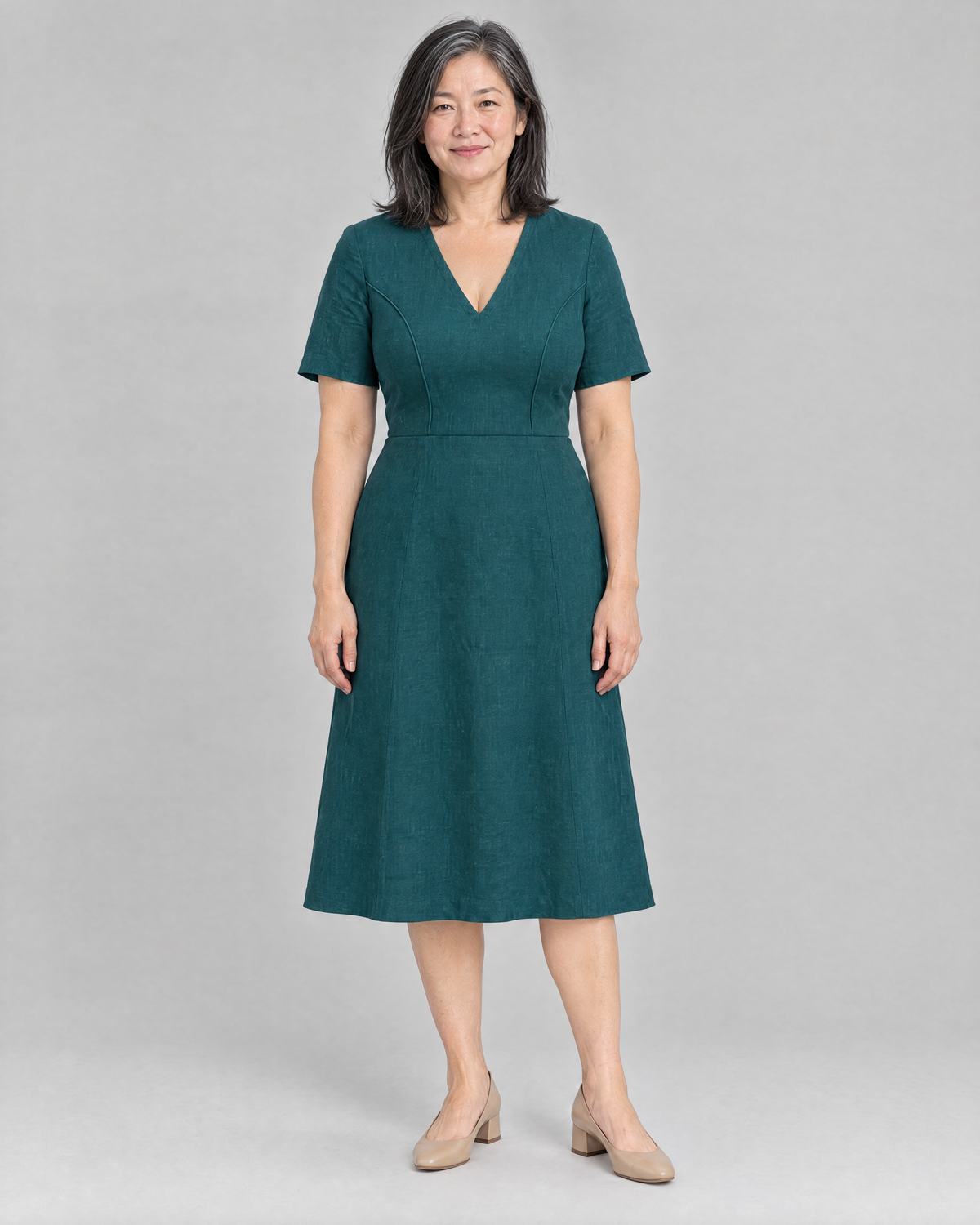 ROOM teal Dutch linen V-neck A-line midi dress, front view