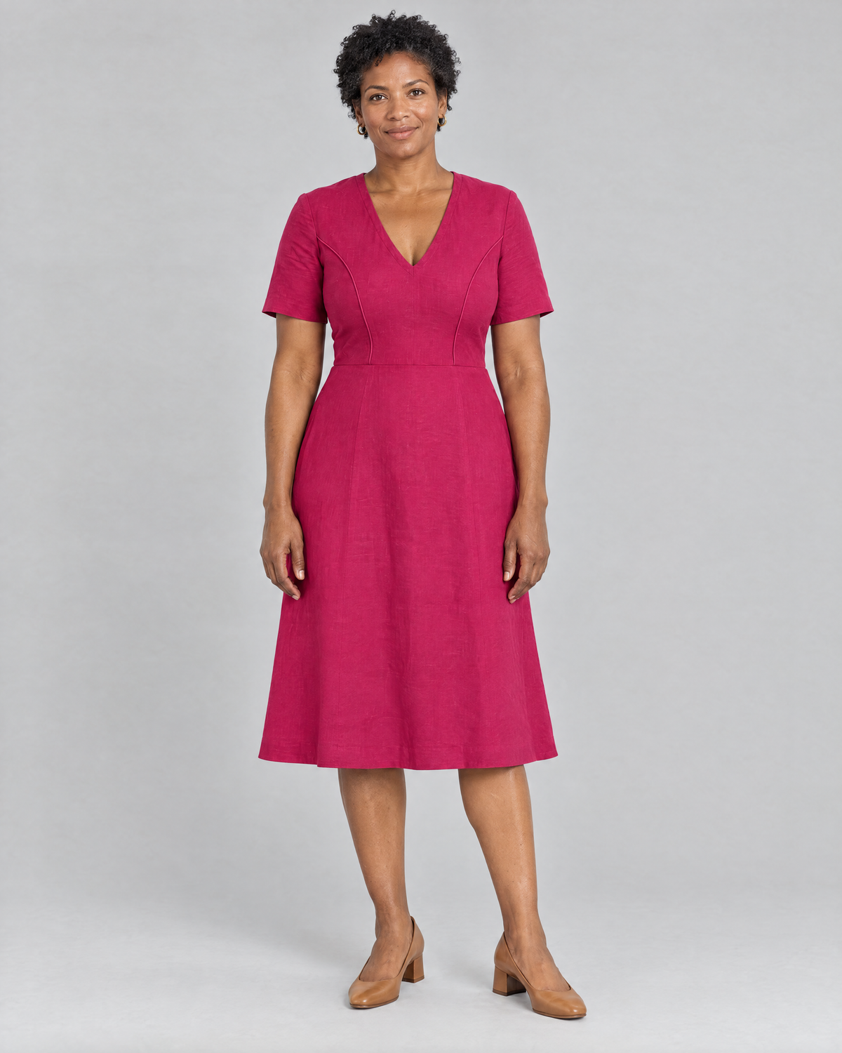 ROOM cerise Dutch linen V-neck A-line midi dress, front view