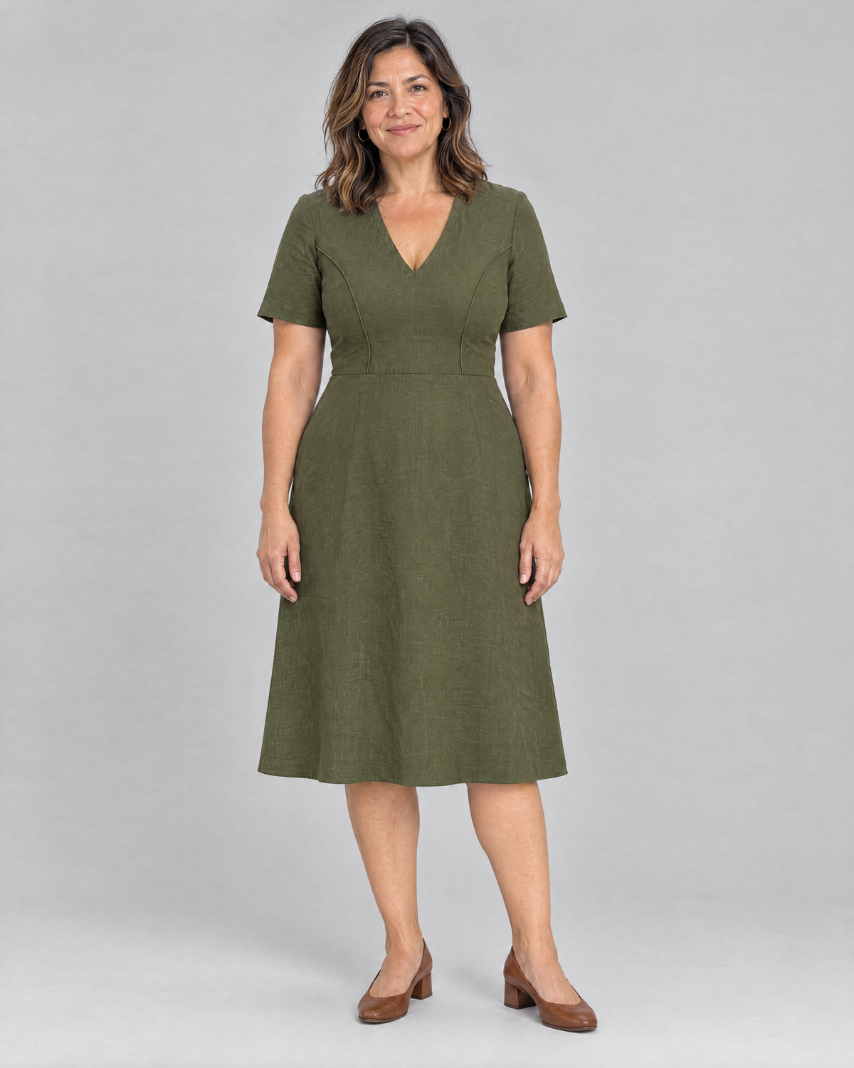 ROOM olive green Dutch linen V-neck A-line midi dress, front view