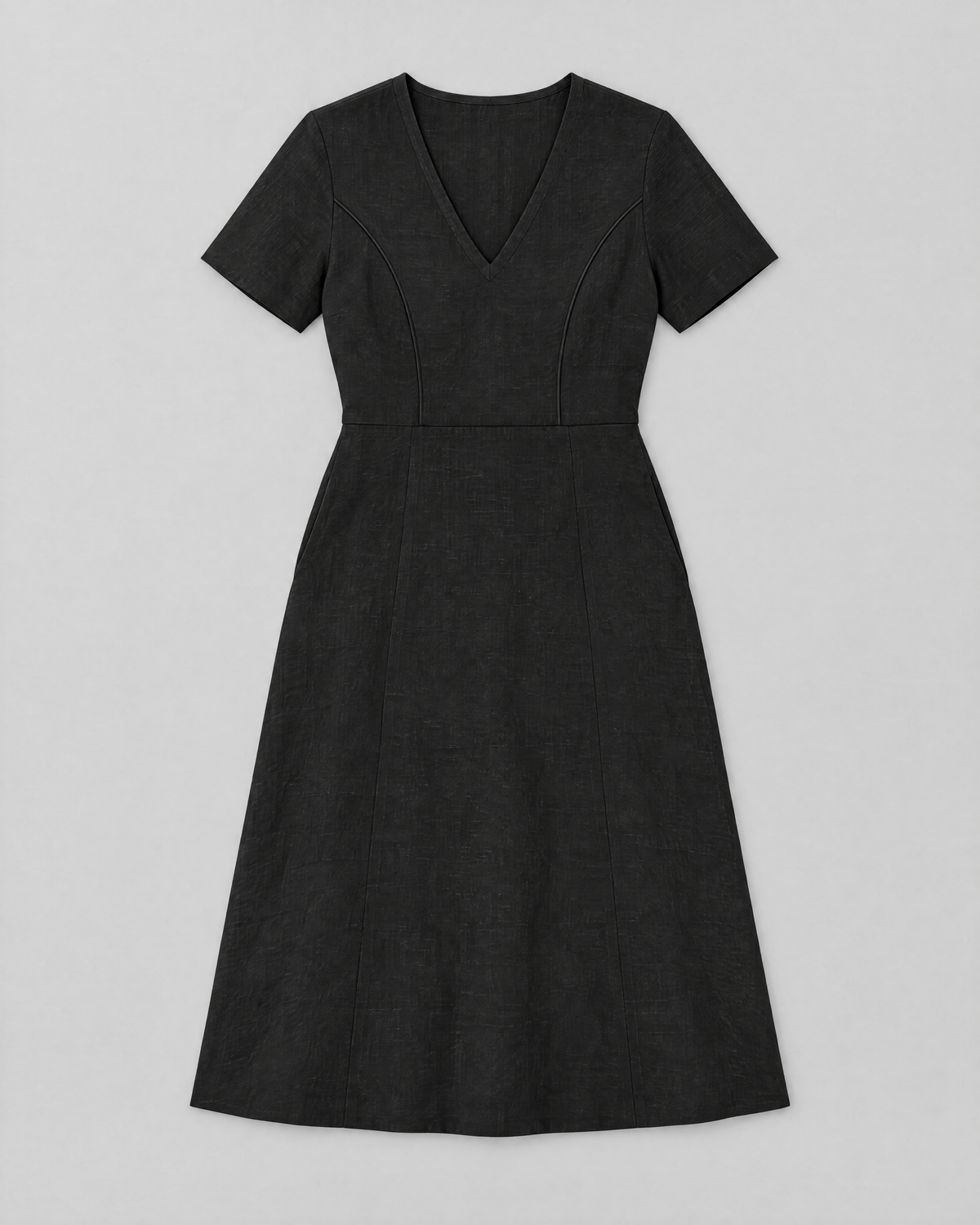 ROOM black linen V-neck A-line midi dress laid flat