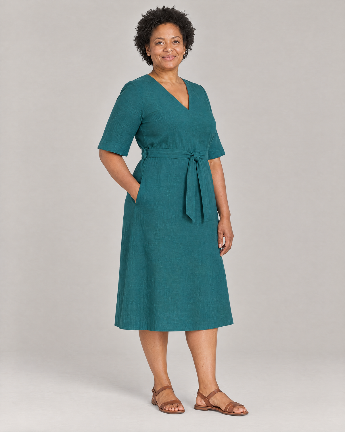 PASSPORT teal linen A-line midi dress, three-quarter view