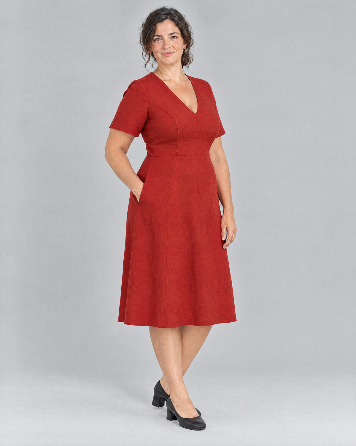 ROOM red linen A-line midi dress, three-quarter view
