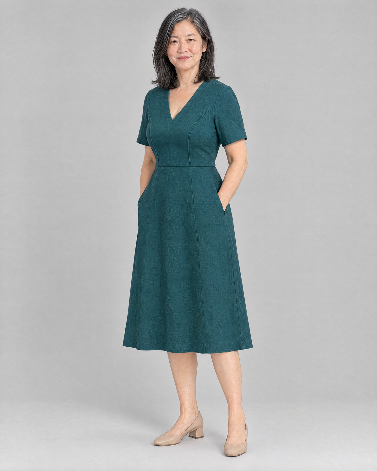 ROOM teal linen A-line midi dress, three-quarter view