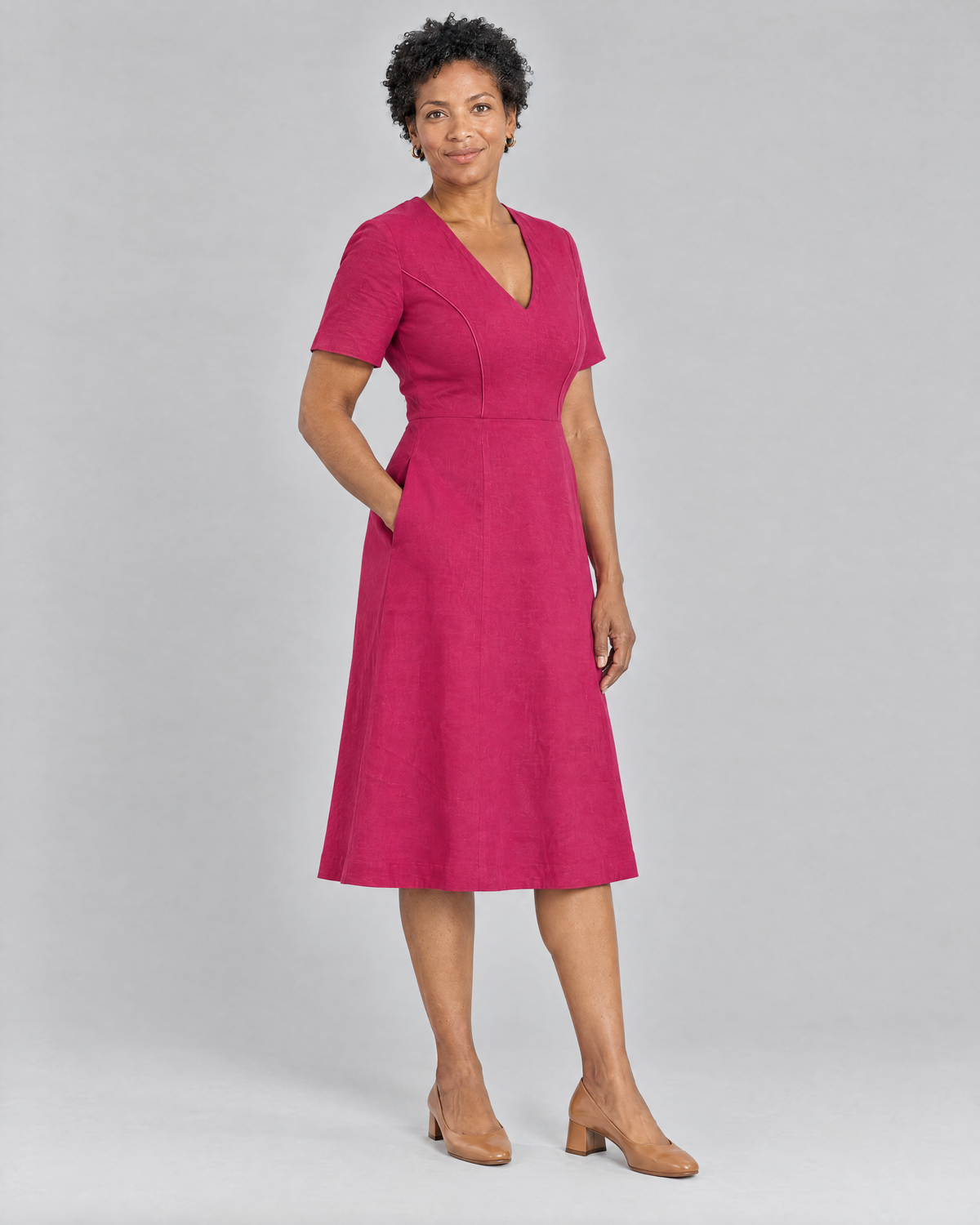 ROOM cerise linen A-line midi dress, three-quarter view