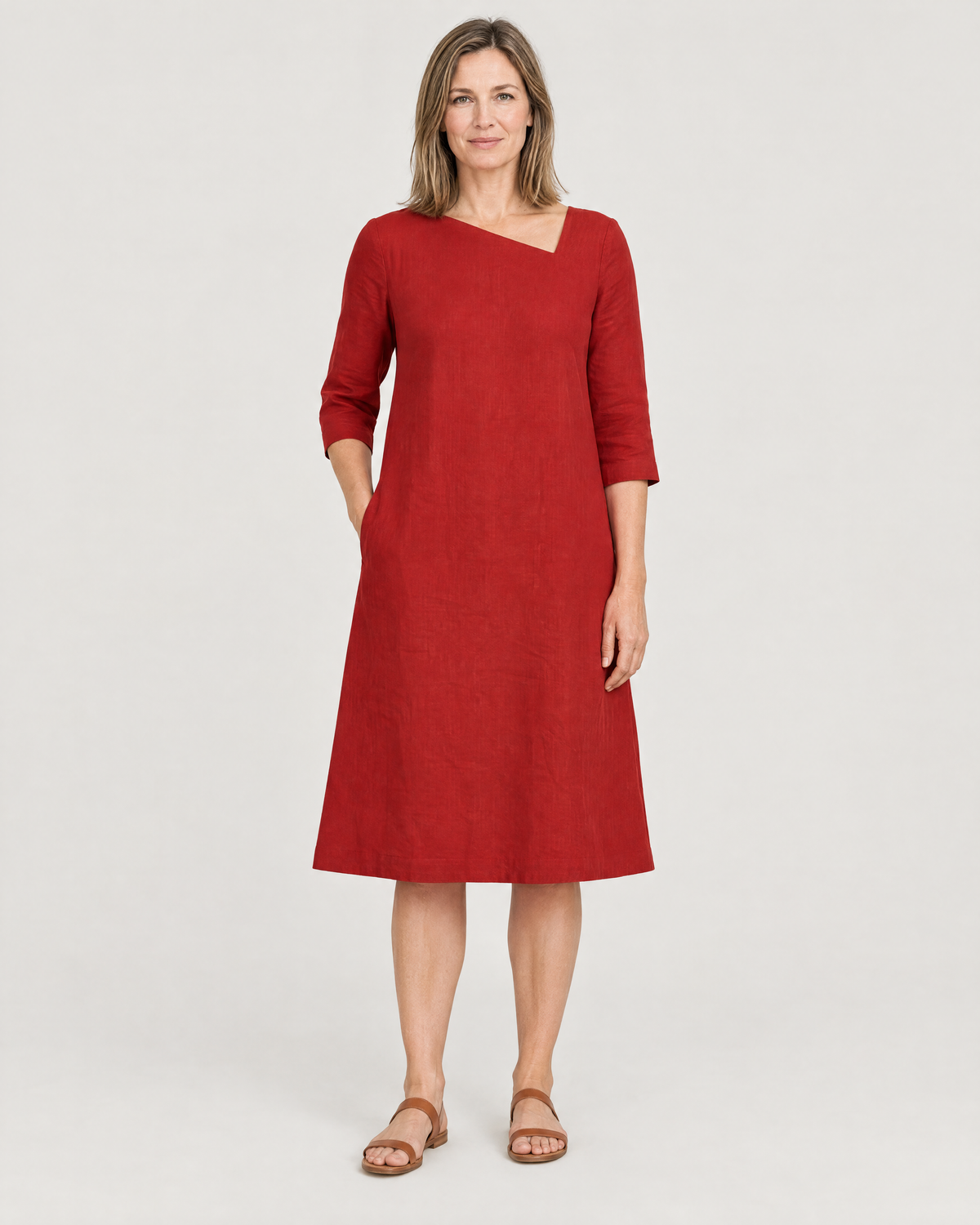 HUE red linen A-line dress with asymmetric neckline and three-quarter sleeves, front view