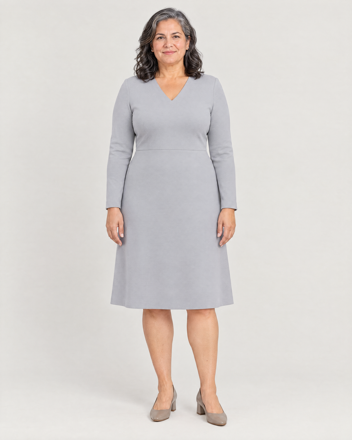DESK light grey long-sleeve A-line office dress, Limited edition, front view