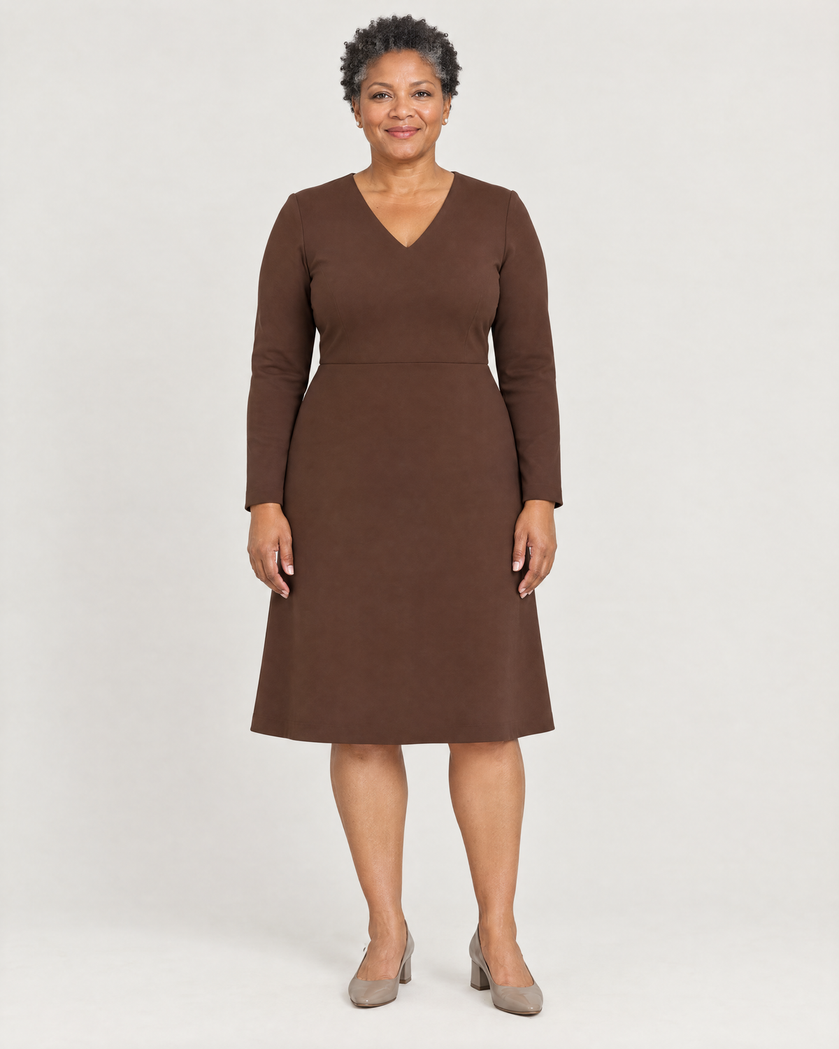 DESK brown long-sleeve A-line office dress, front view
