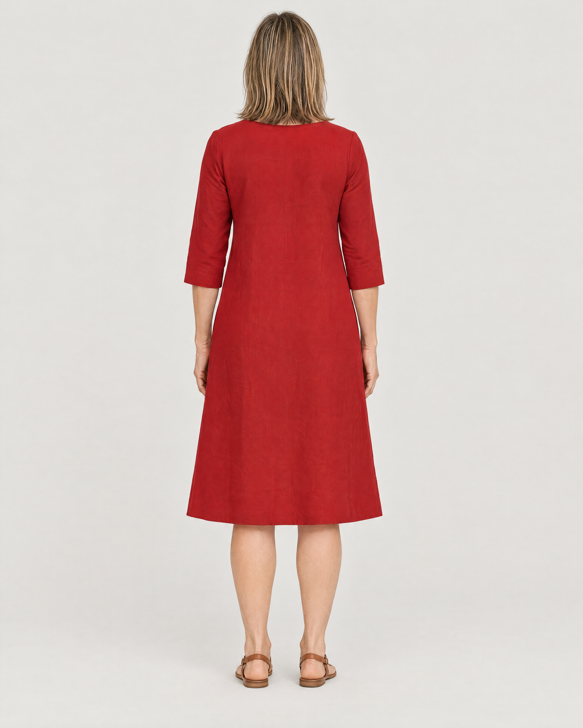 HUE red linen dress, plain back view with no waist seam