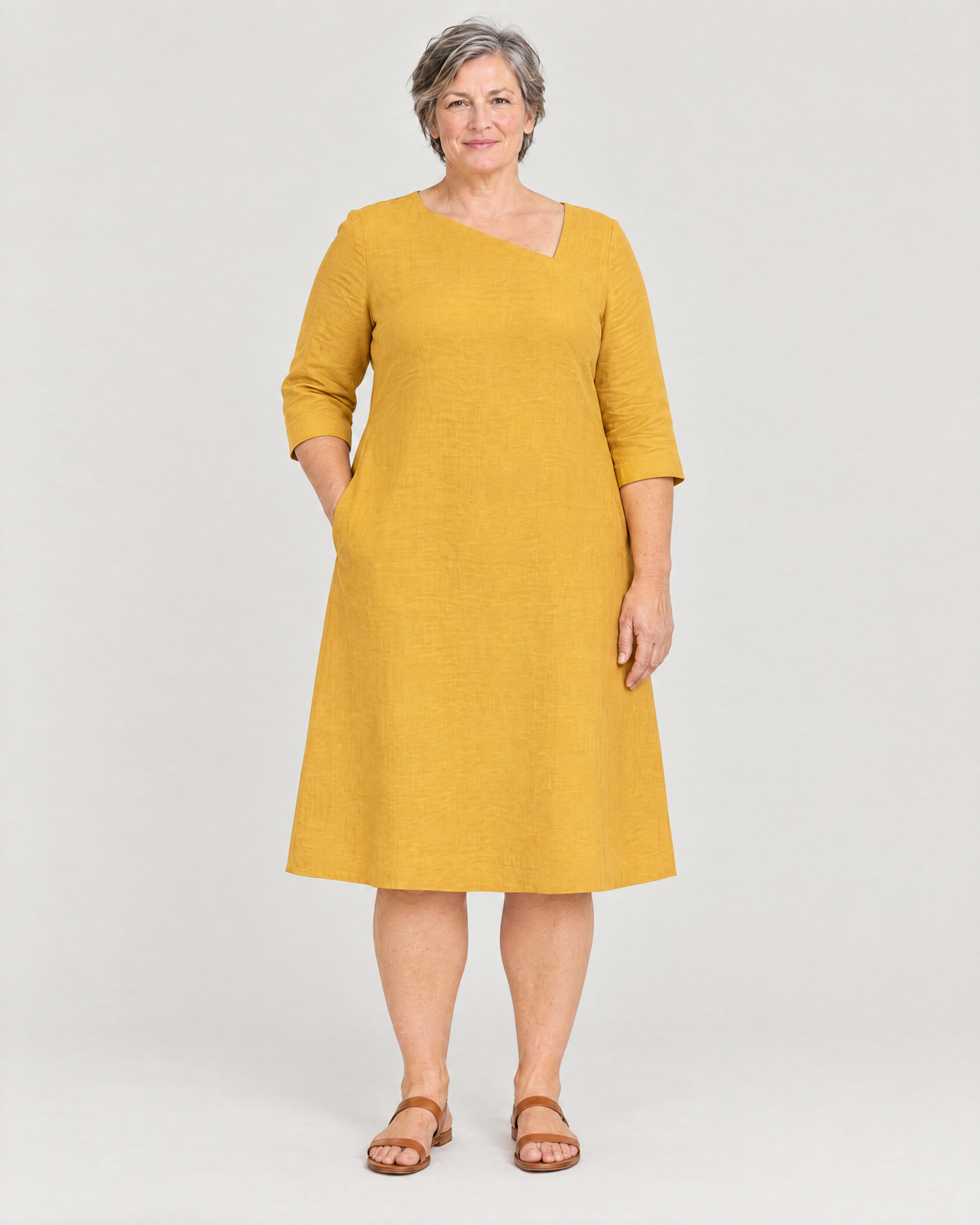 HUE yellow pure linen A-line dress, Limited edition, front view