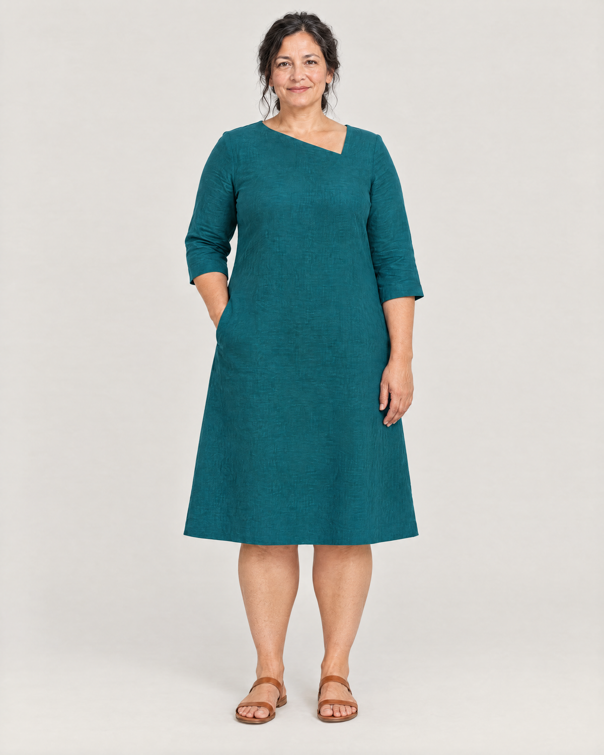 HUE teal linen A-line dress with asymmetric neckline, front view