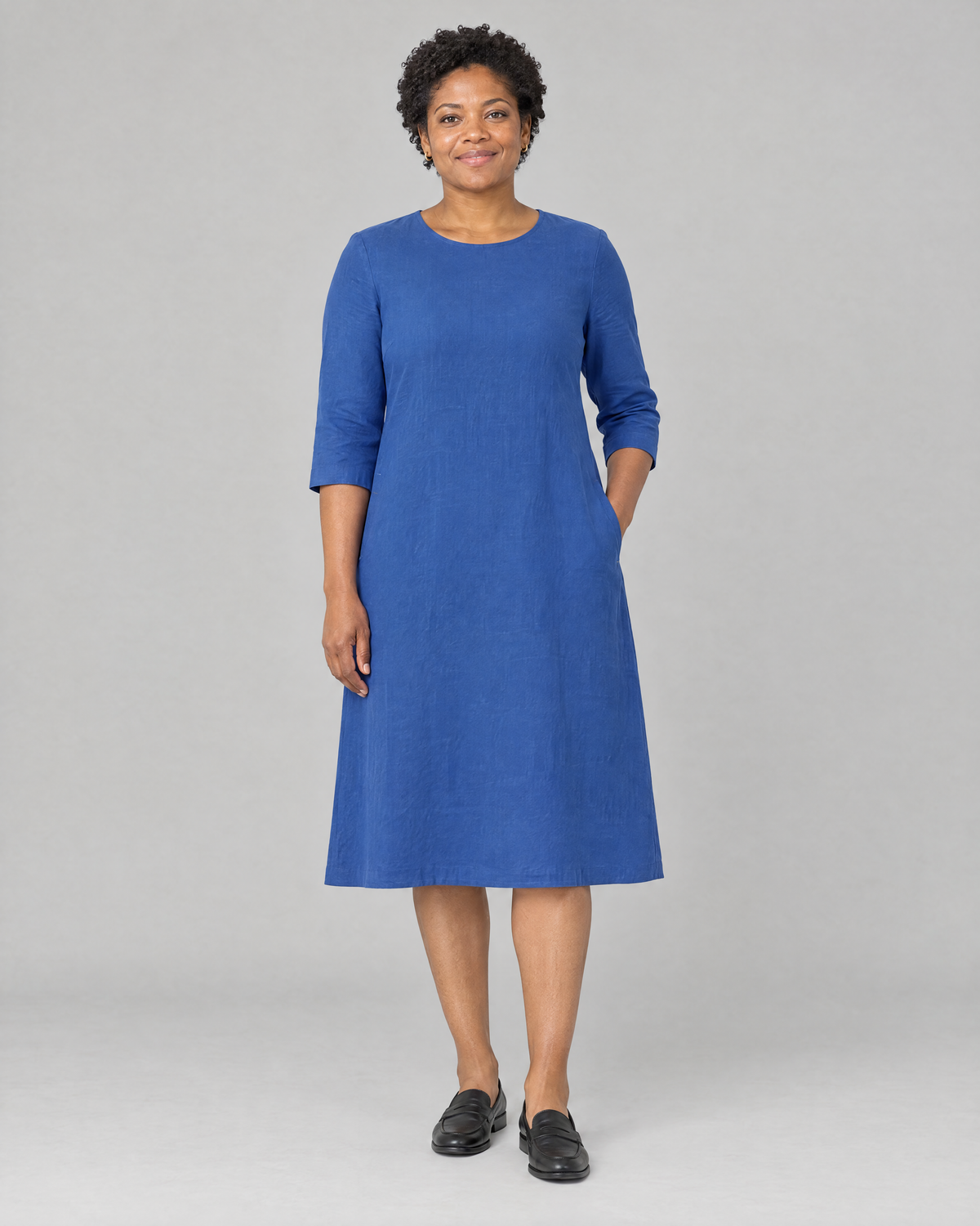 BASE blue linen A-line midi dress, front view, Tall length