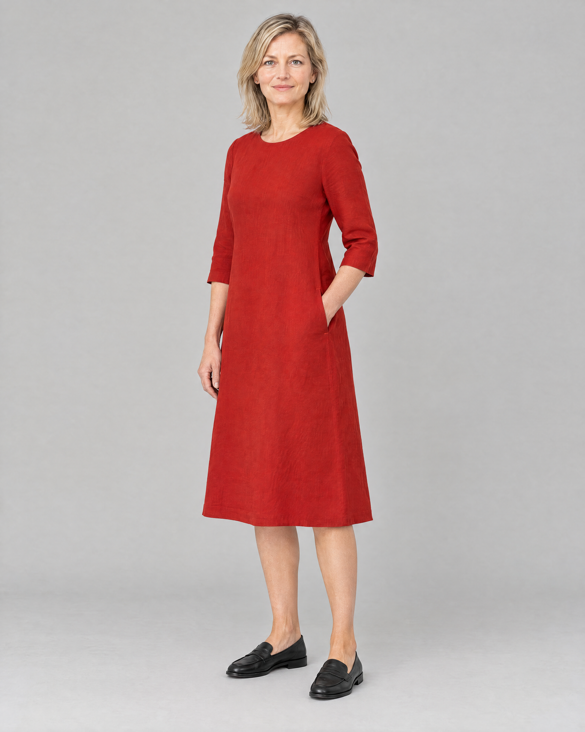 BASE red linen dress, three-quarter view