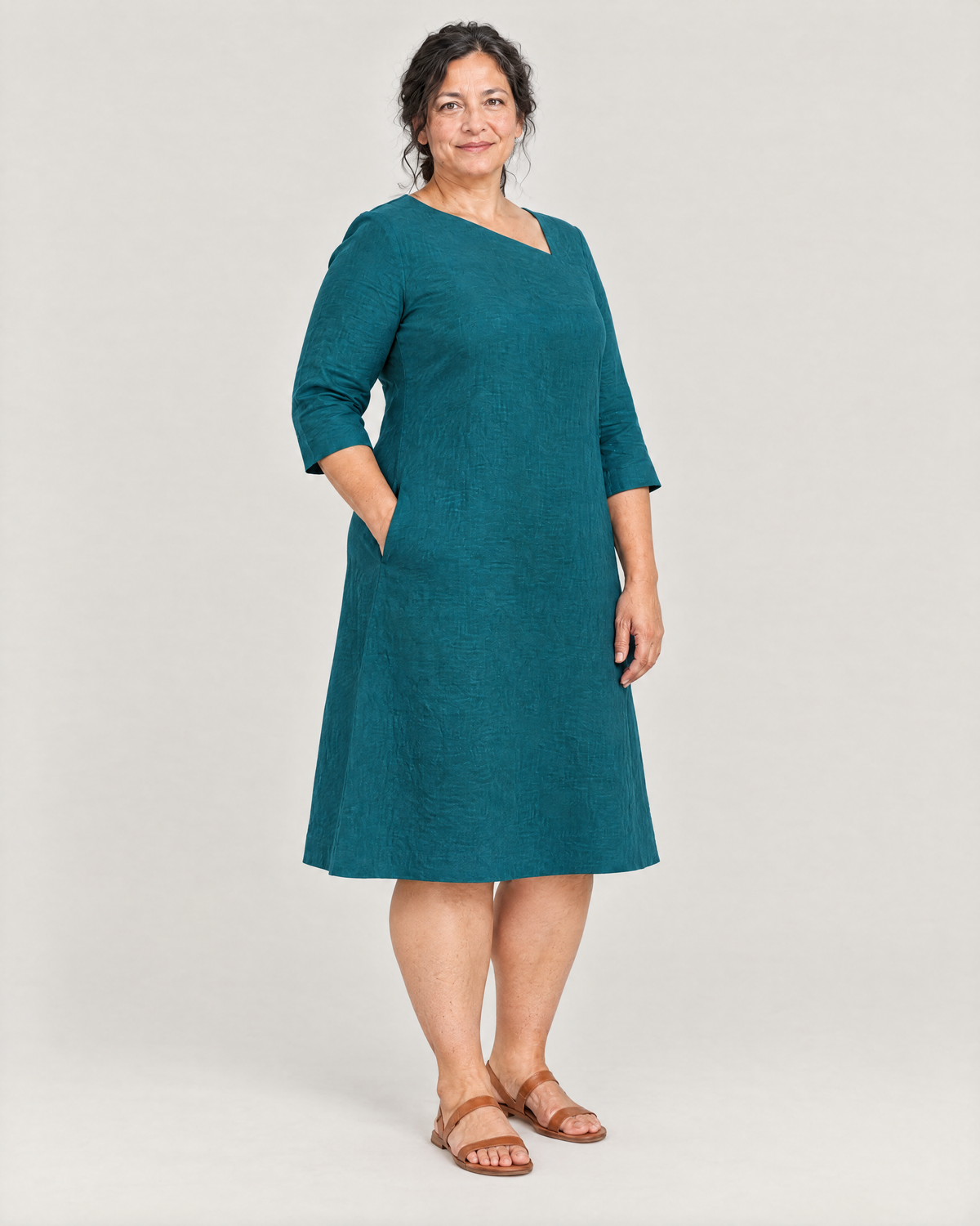 HUE teal linen dress, three-quarter view