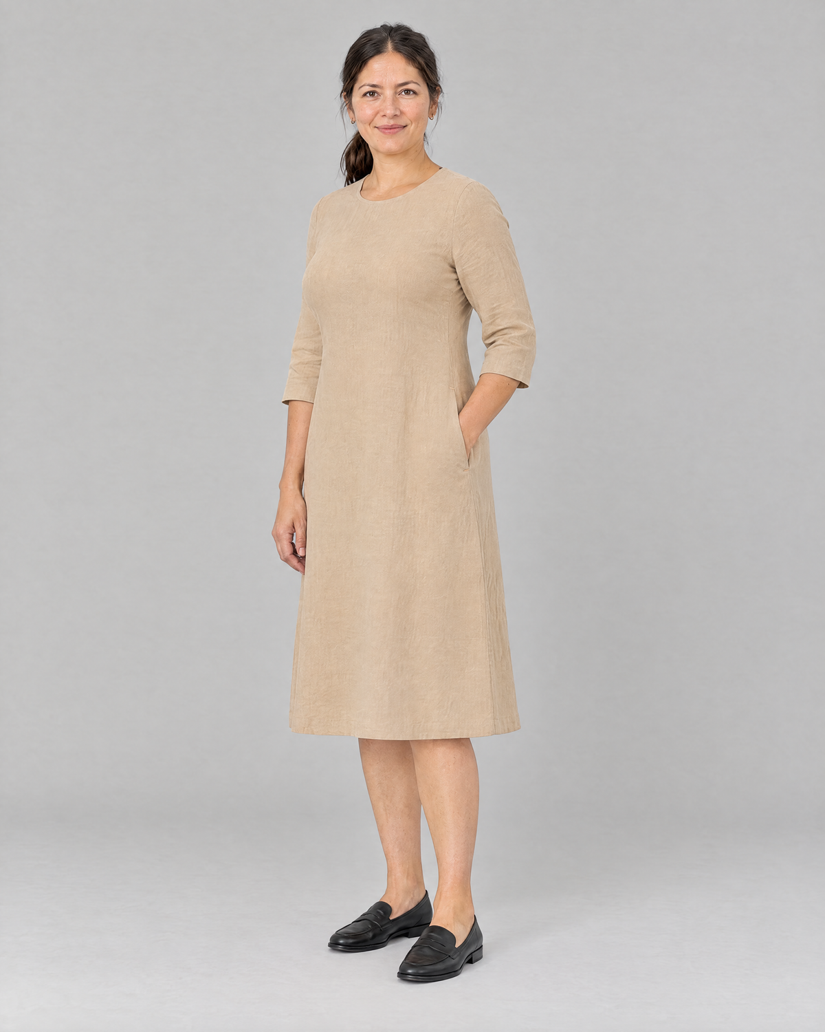 BASE beige linen dress, three-quarter view