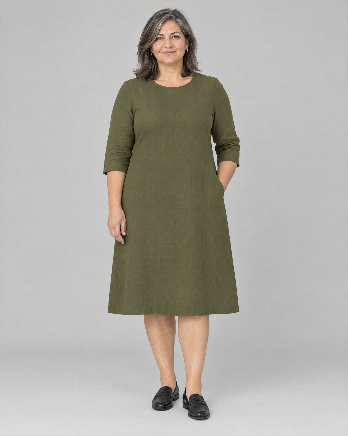 BASE olive green linen A-line midi dress, front view