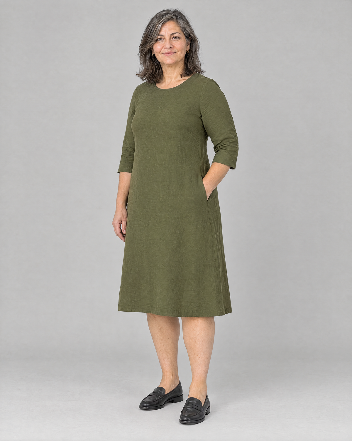 BASE olive green linen dress, three-quarter view