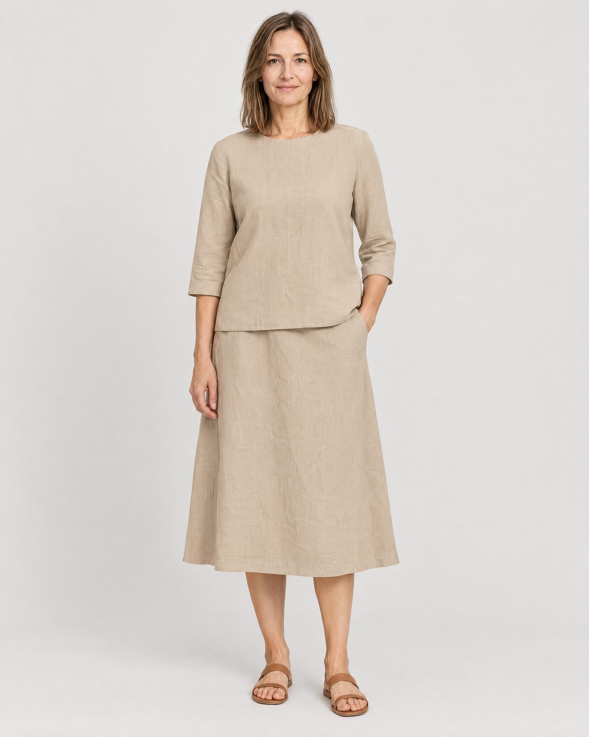 PAIR beige linen top and A-line midi skirt set worn together, front view
