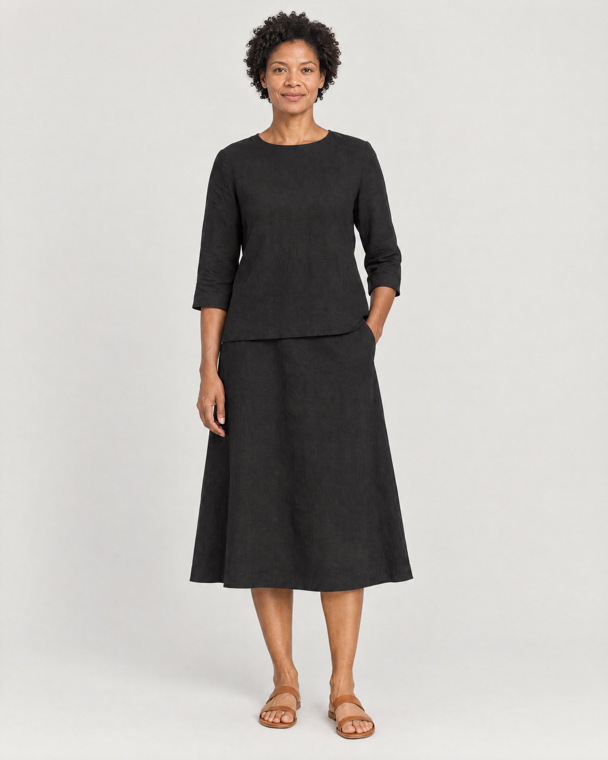 PAIR black linen top and A-line midi skirt set, front view