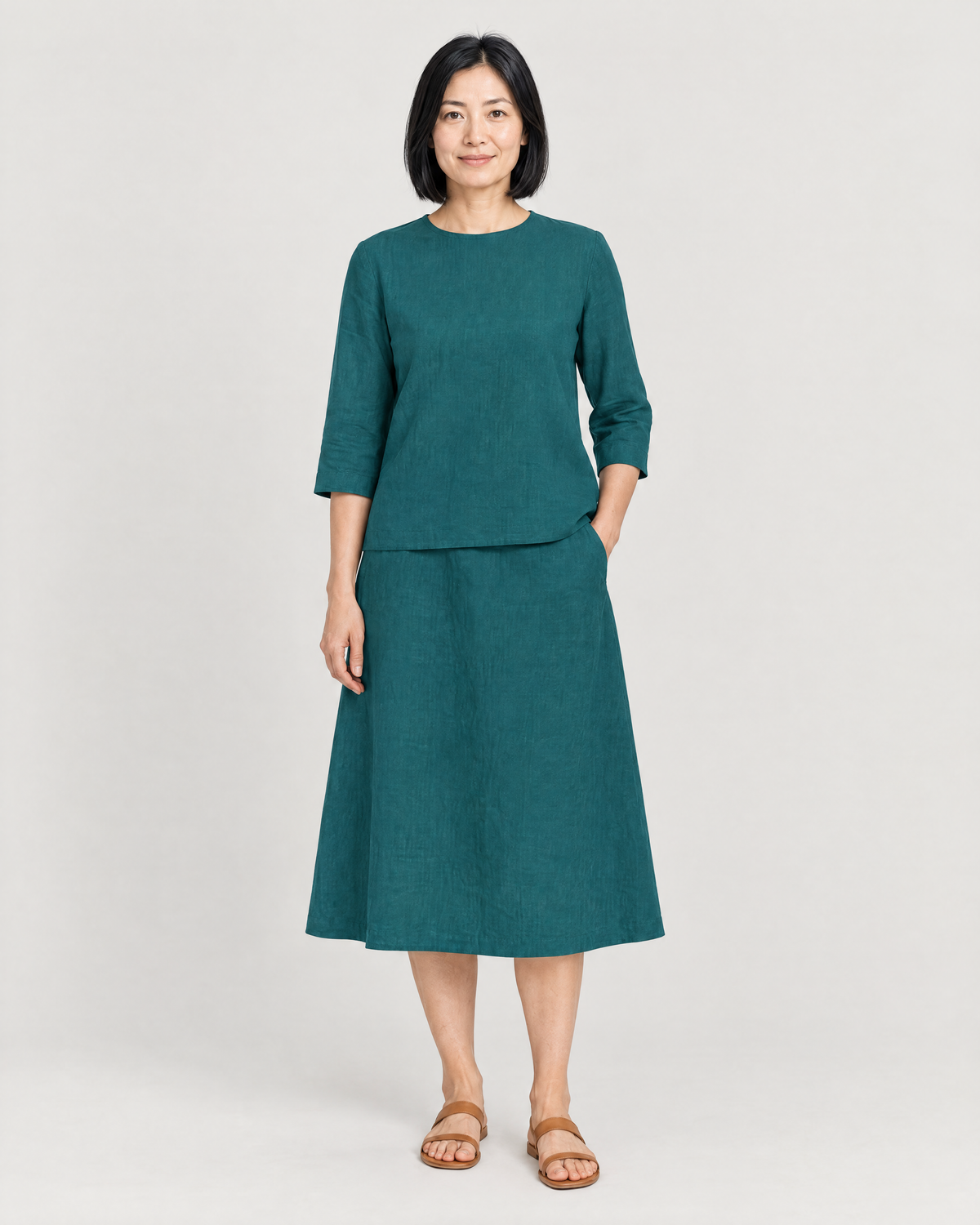 PAIR teal linen top and A-line midi skirt set, front view