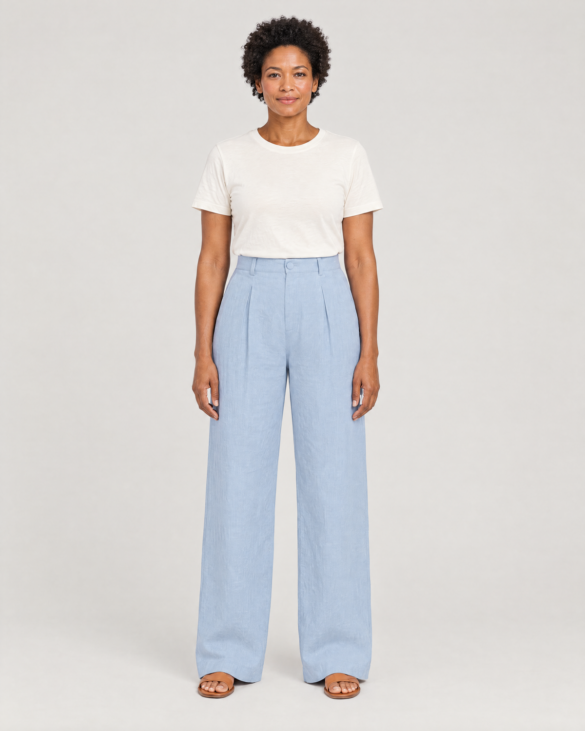 LYRA OPAQUE light blue linen pleated wide-leg trousers, front view