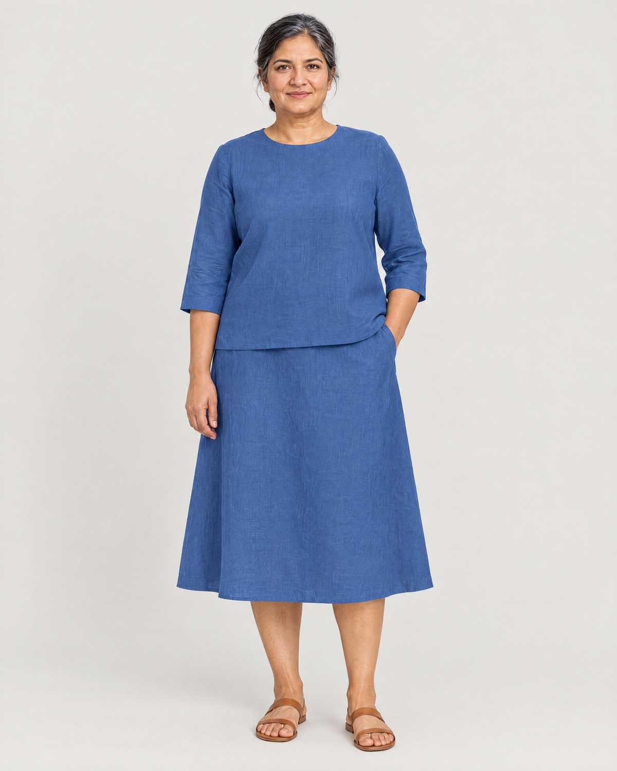 PAIR blue linen top and A-line midi skirt set, front view