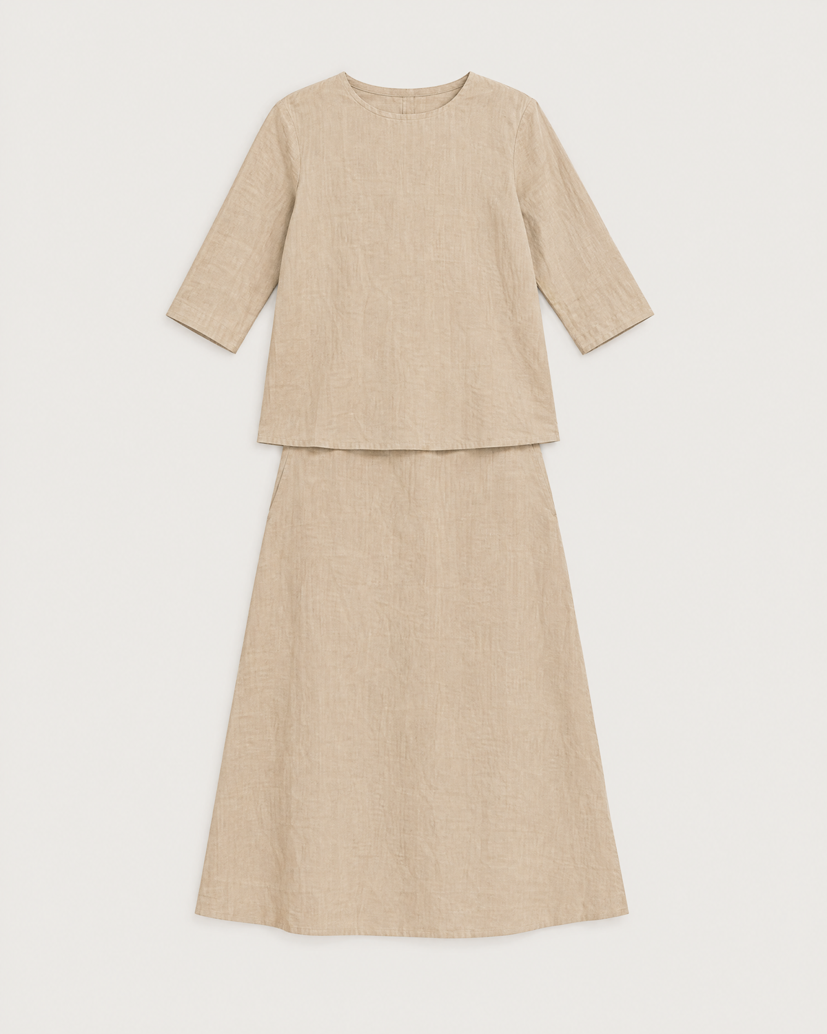PAIR beige linen top and A-line skirt laid flat
