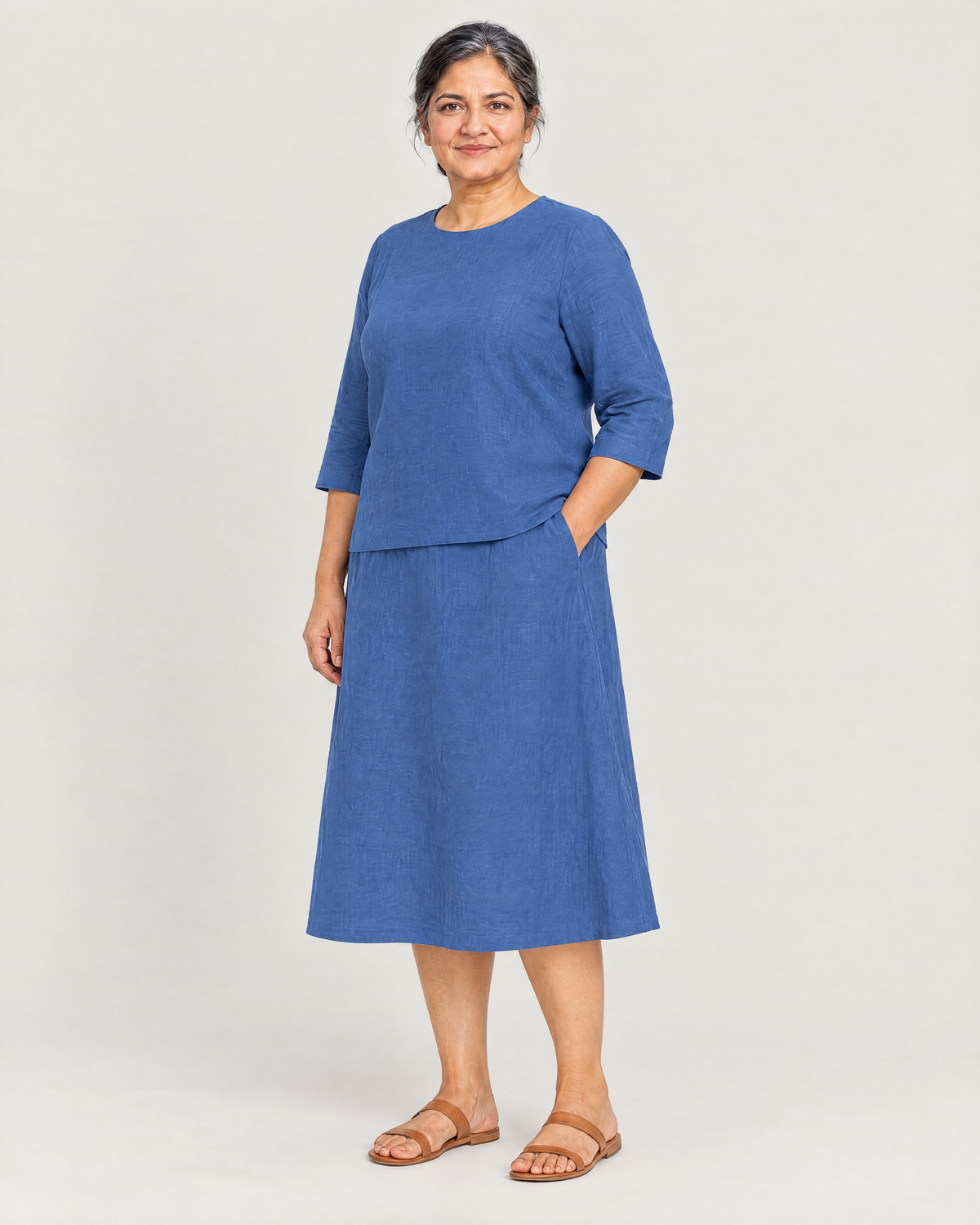 PAIR blue linen set, three-quarter view