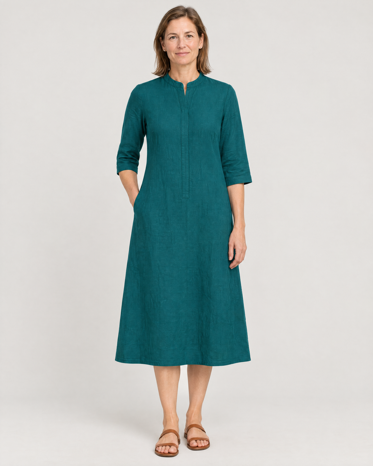 SUMMER COLOUR teal linen A-line midi dress with low stand collar and concealed button placket, front view