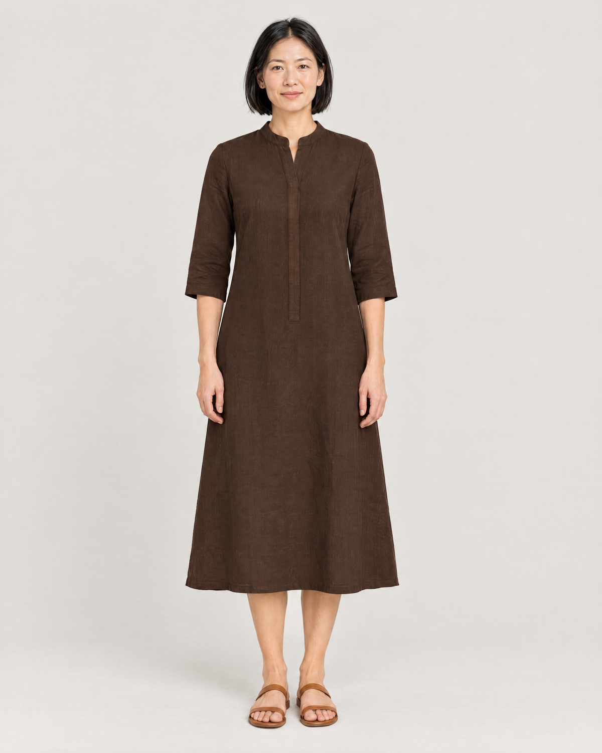 SUMMER COLOUR dark brown linen A-line dress, Limited edition, front view