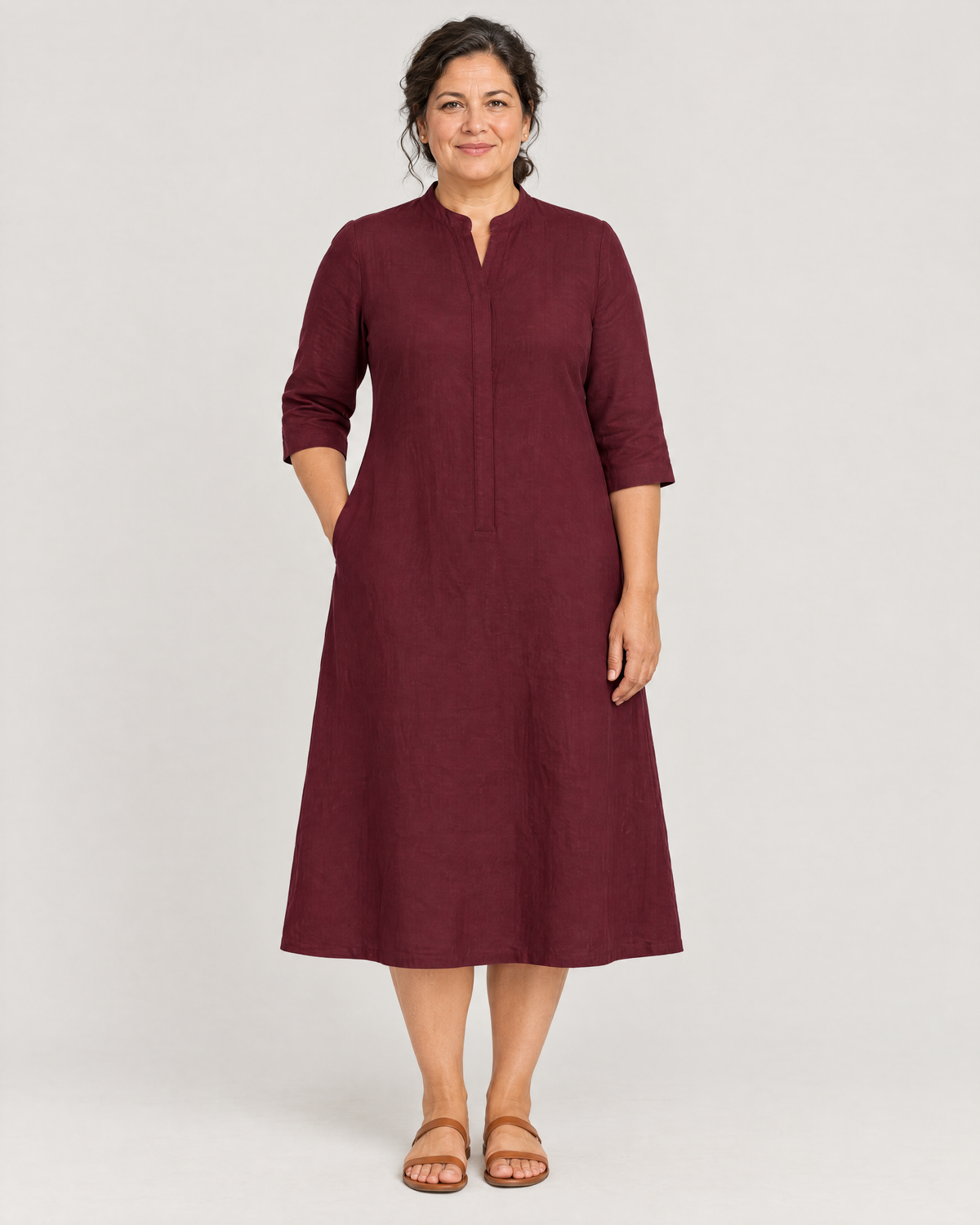 SUMMER COLOUR burgundy linen A-line dress, Limited edition, front view