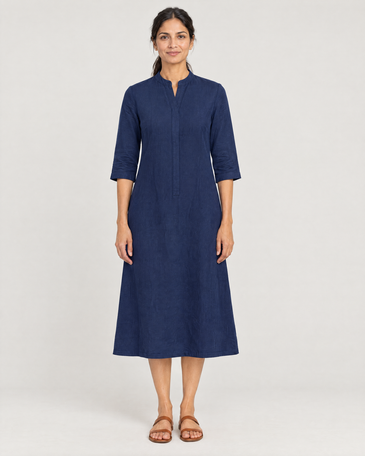SUMMER COLOUR deep blue linen A-line dress, Limited edition, front view