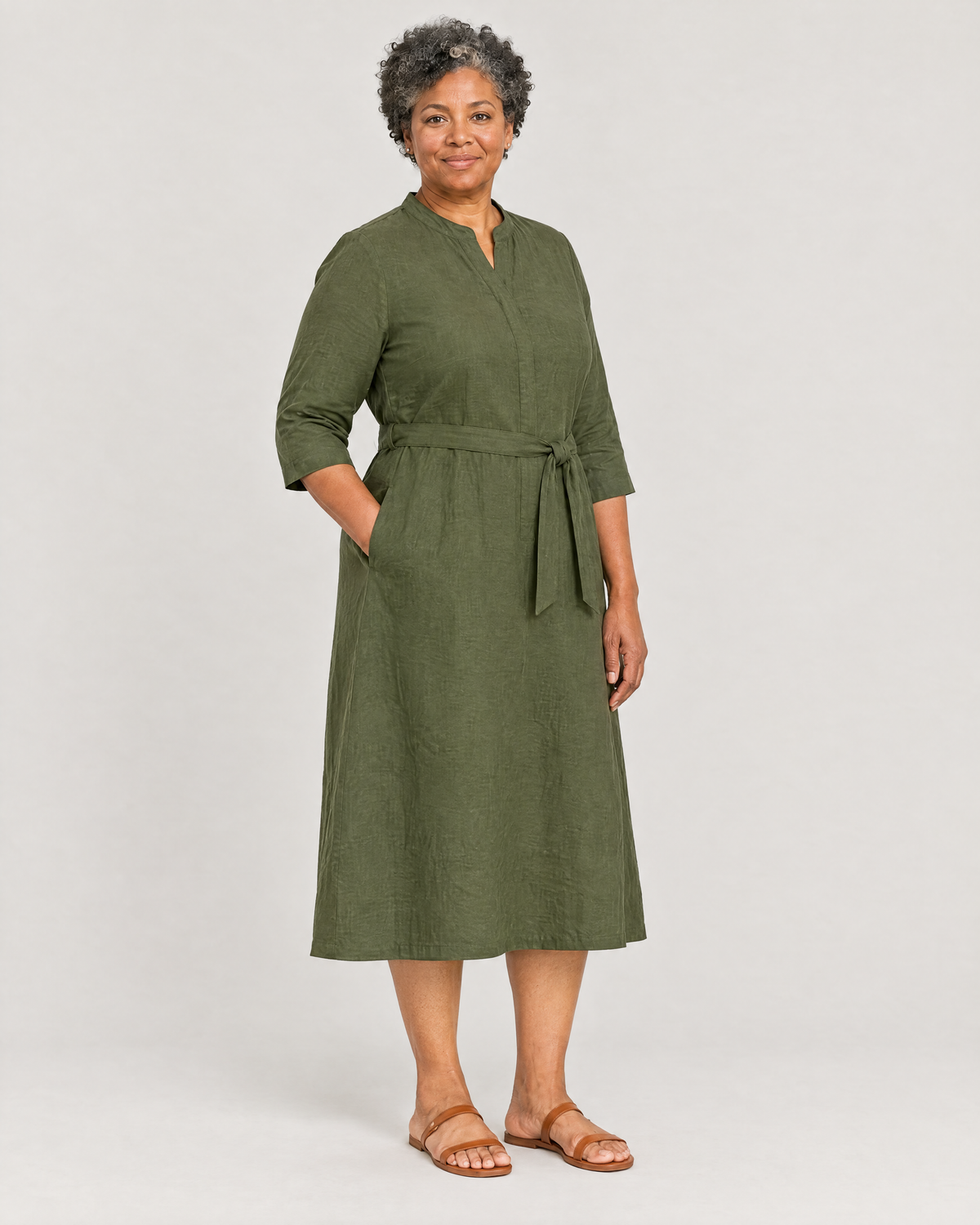 SUMMER COLOUR olive green linen dress, three-quarter view