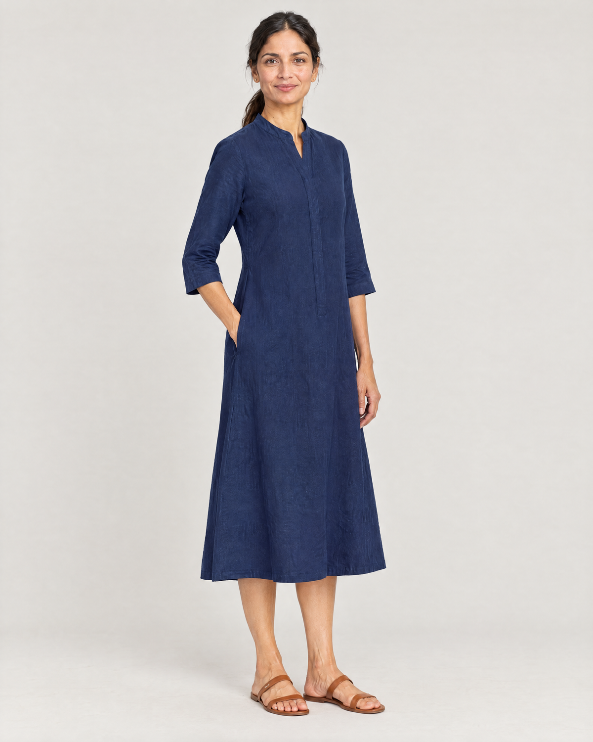 SUMMER COLOUR deep blue linen dress, Limited edition, three-quarter view