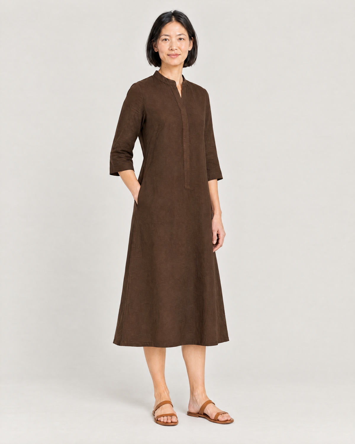 SUMMER COLOUR dark brown linen dress, Limited edition, three-quarter view