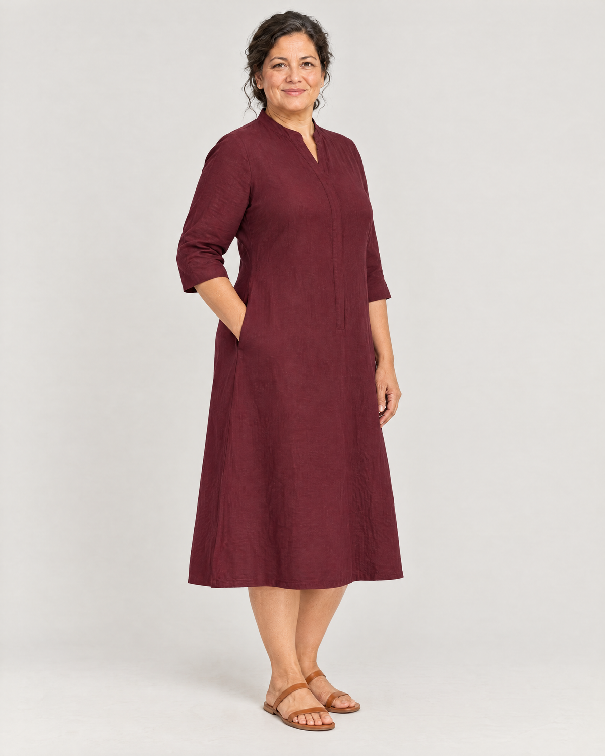 SUMMER COLOUR burgundy linen dress, Limited edition, three-quarter view