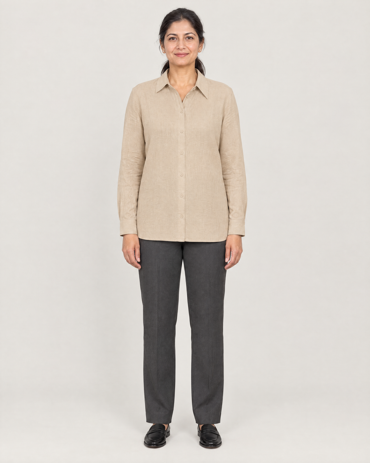 SOFT SHIRT beige linen long-sleeve button-front shirt, front view