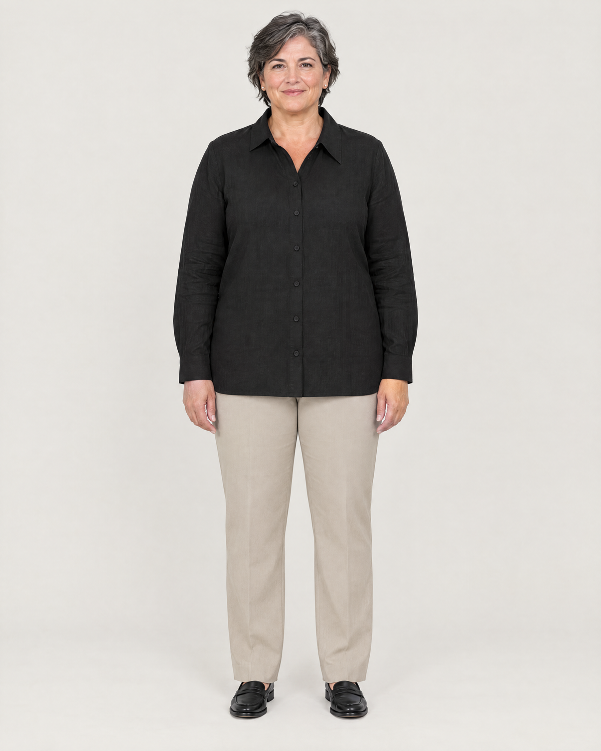 SOFT SHIRT black linen long-sleeve button-front shirt with stone trousers, front view