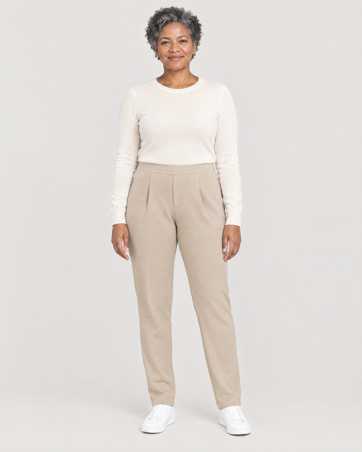 TRAVEL WARM beige wool tapered trousers, Limited edition, front view