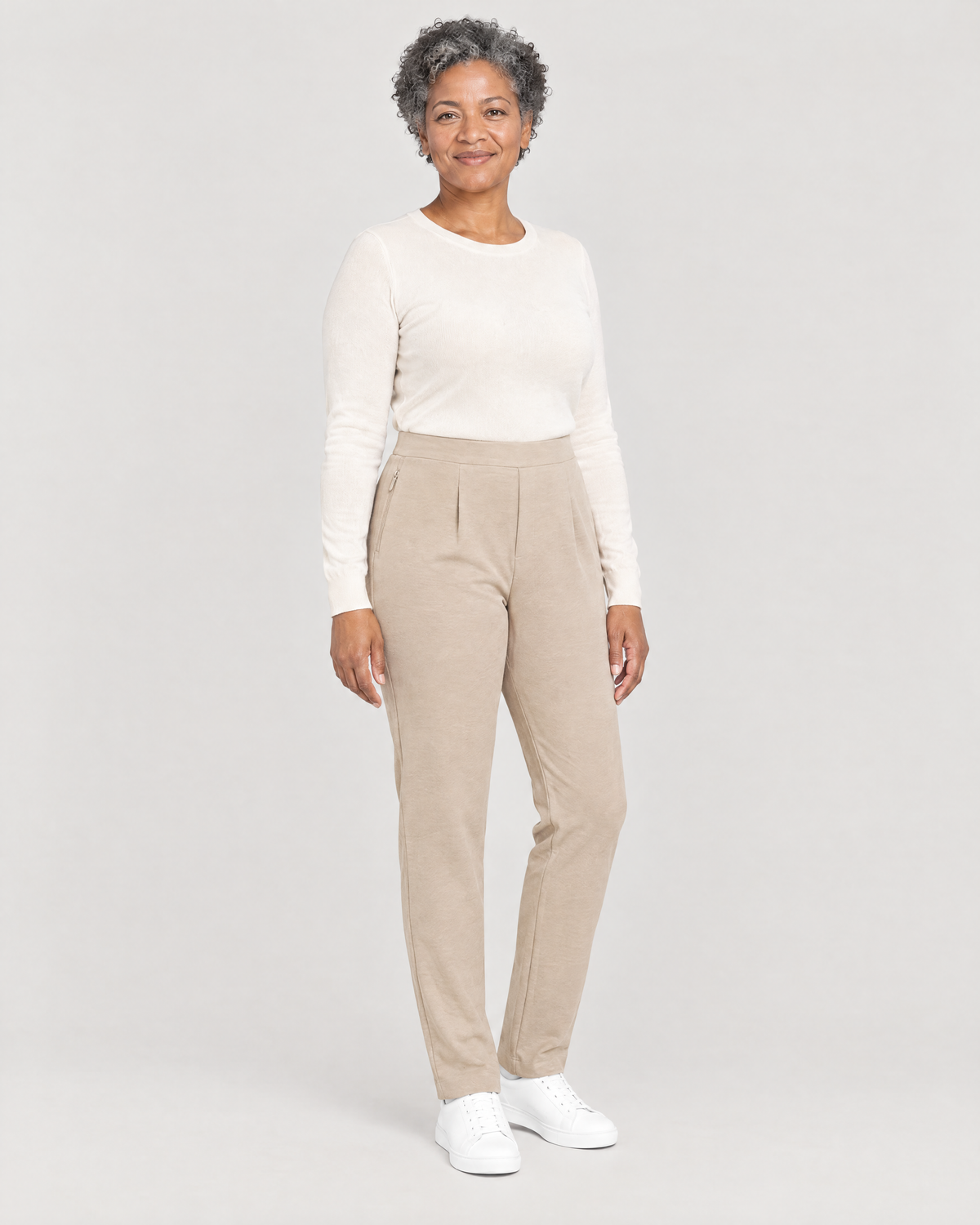 TRAVEL WARM beige wool tapered trousers, Limited edition, three-quarter view