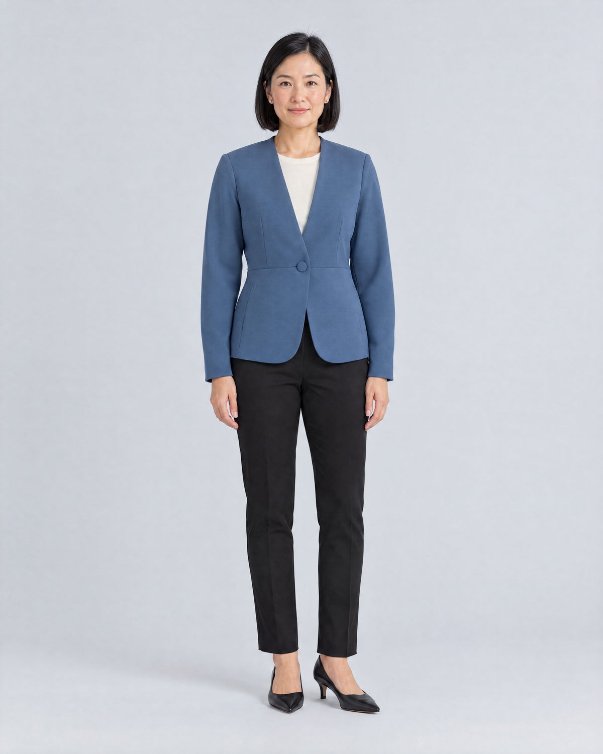 RIVA MOVE collarless jacket in blue, front view