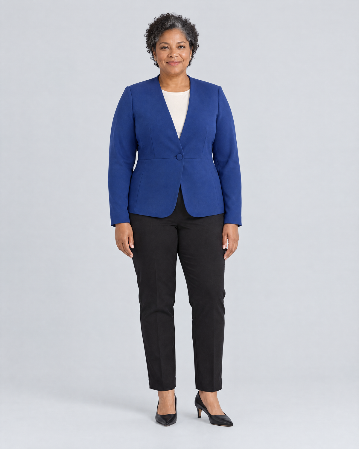RIVA MOVE collarless jacket in cobalt blue, front view