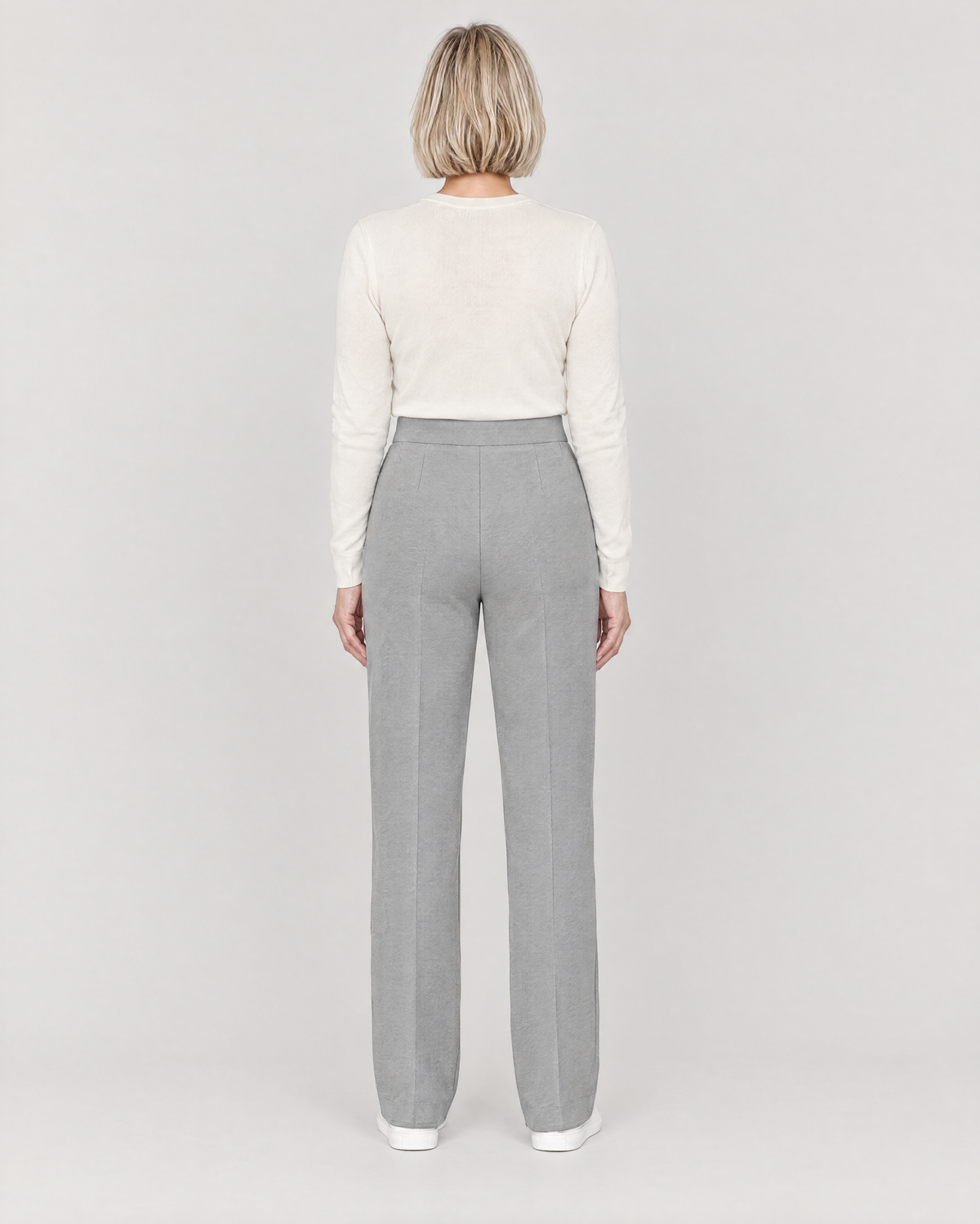 GRAPHITE STRAIGHT FIT light grey trousers, back view with a flat waistband and no back pockets