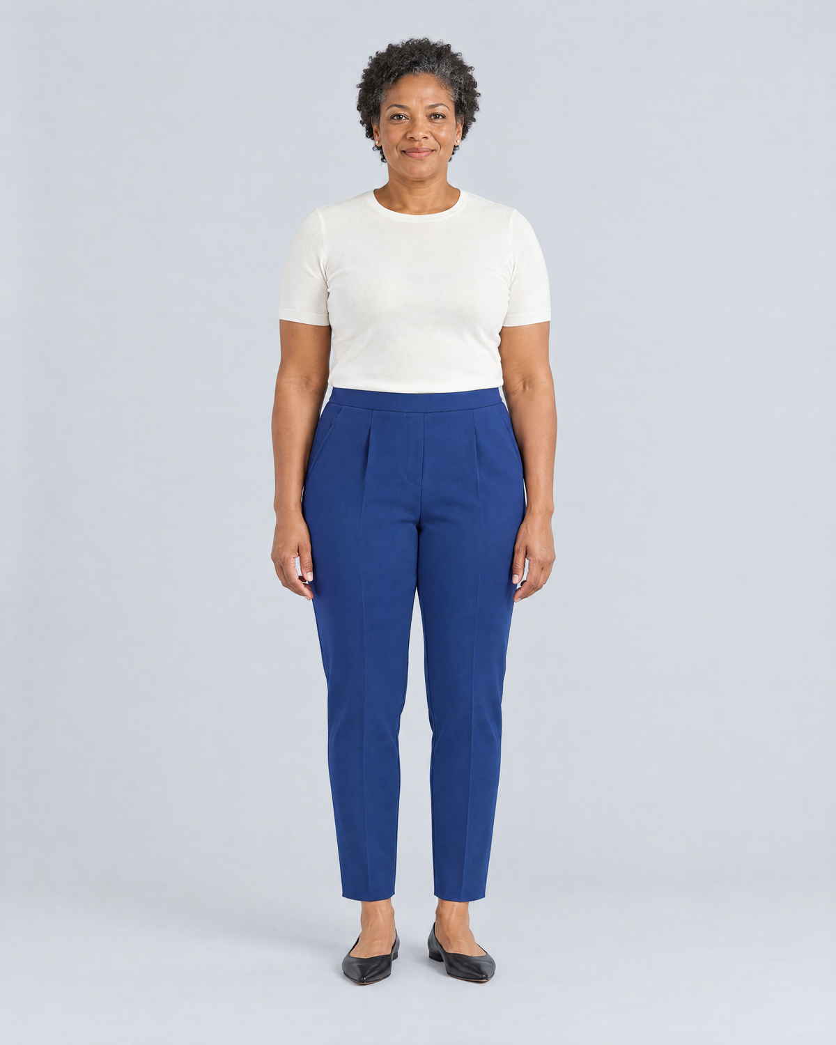 SIT WELL cobalt blue tapered office trousers, front view