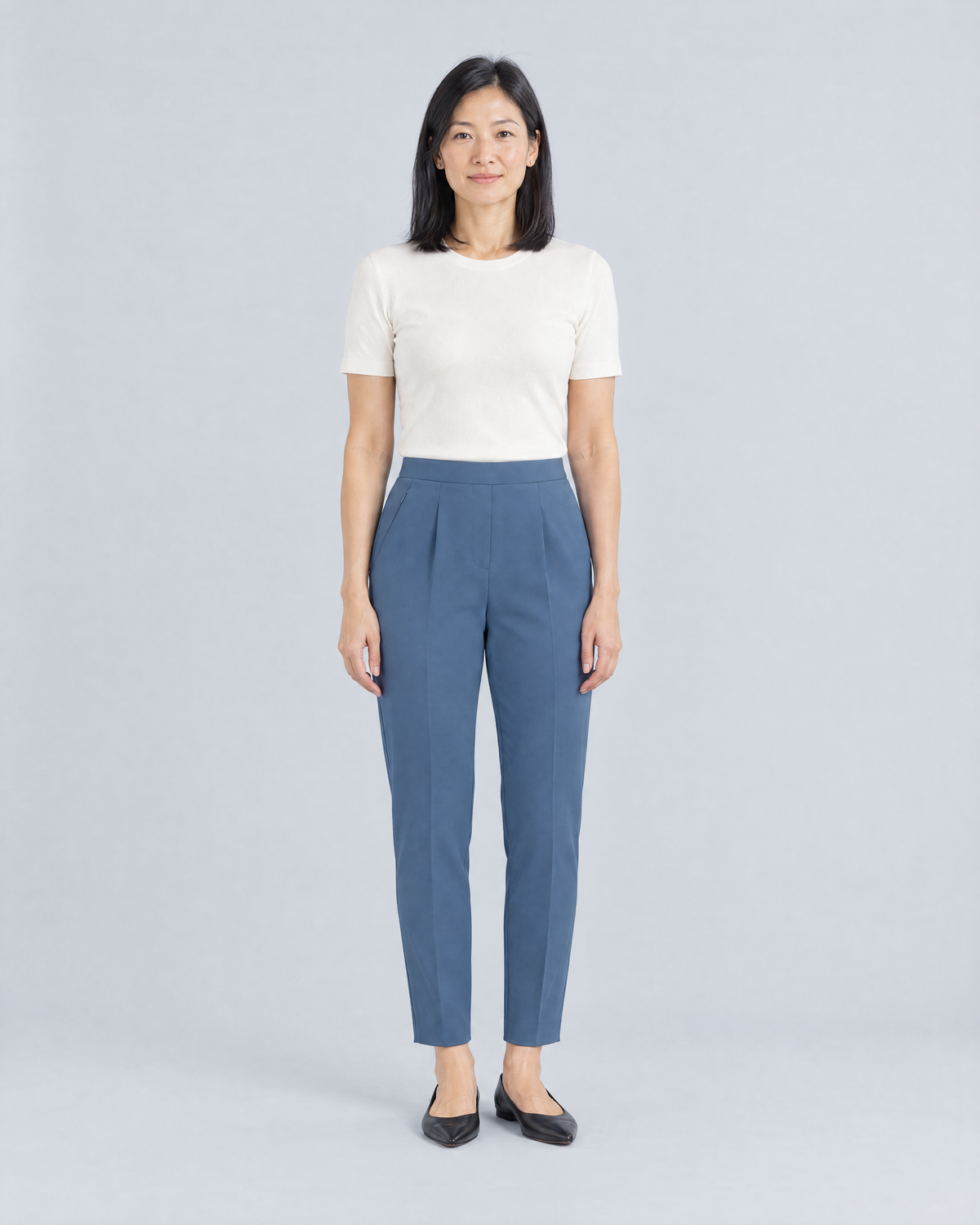 SIT WELL blue tapered office trousers, front view