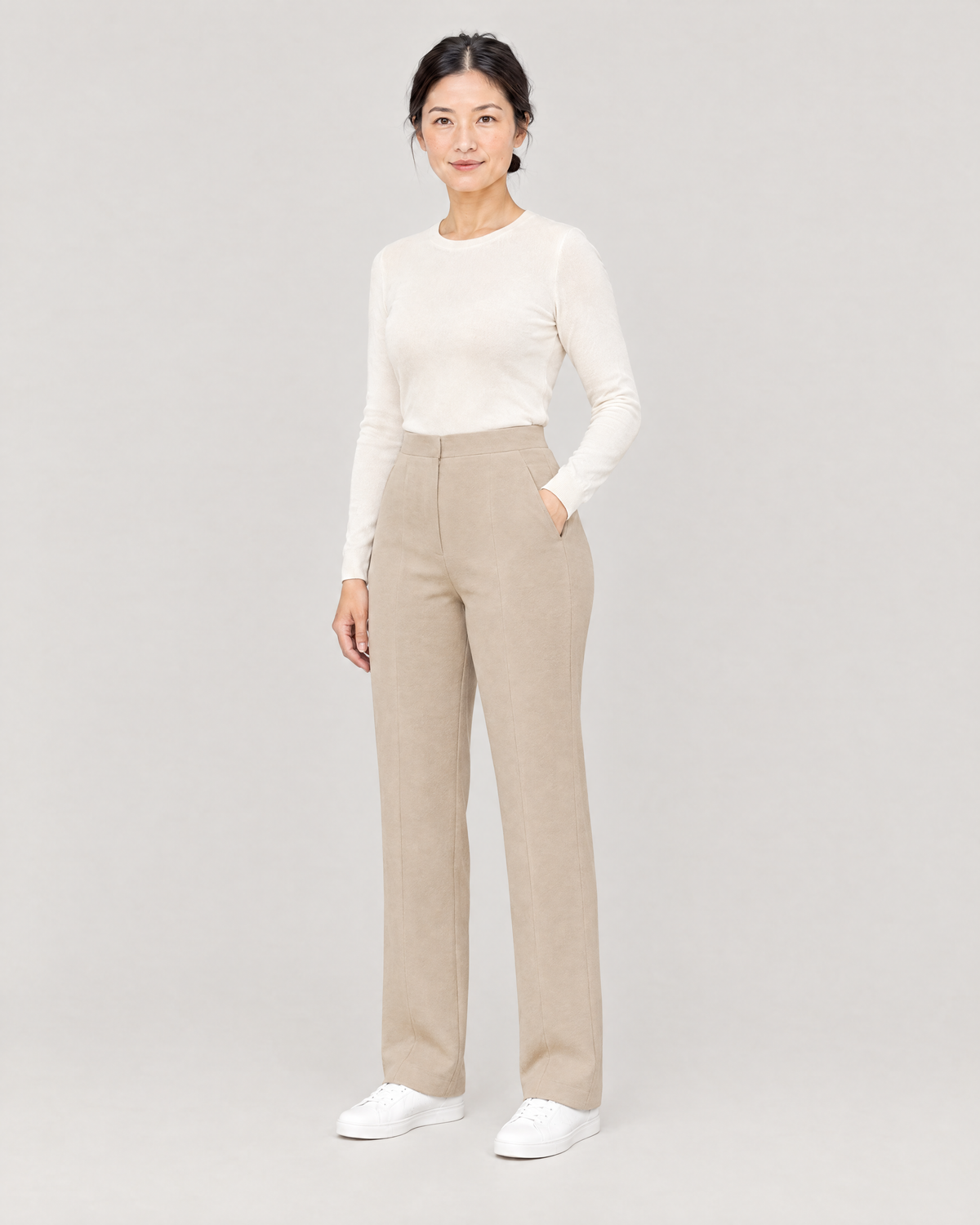 GRAPHITE CURVE FIT beige trousers, Limited edition, three-quarter view