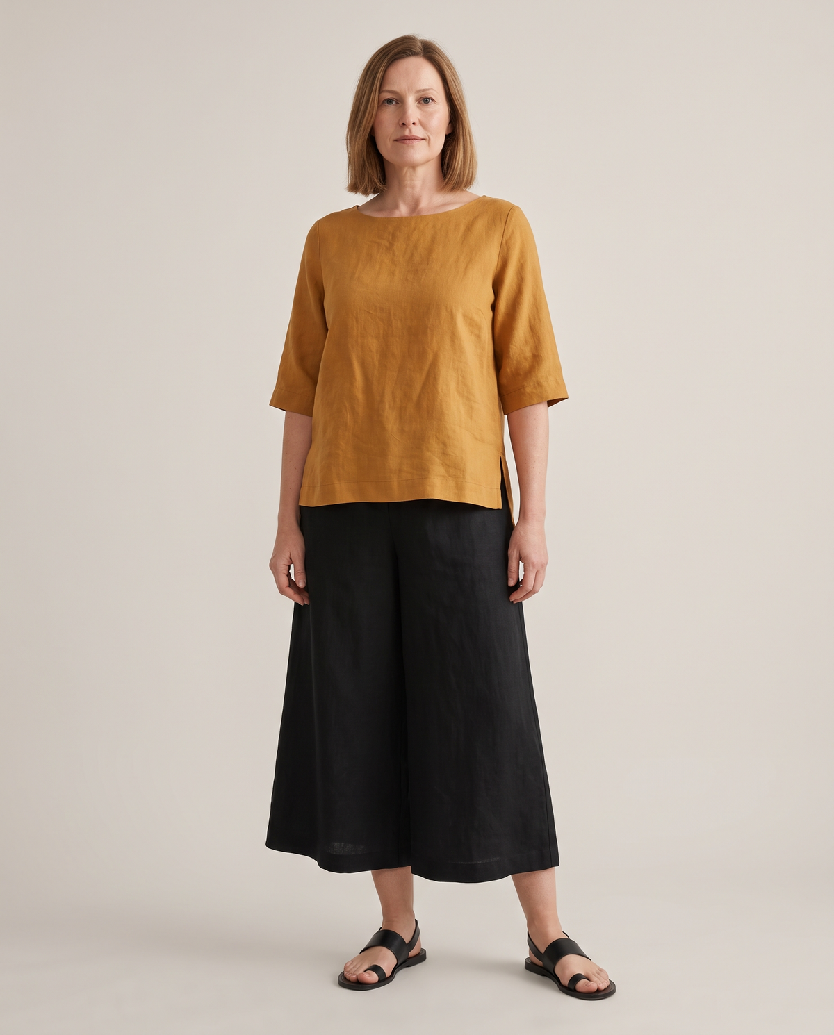 LIFT linen boat-neck top in Ochre, front view