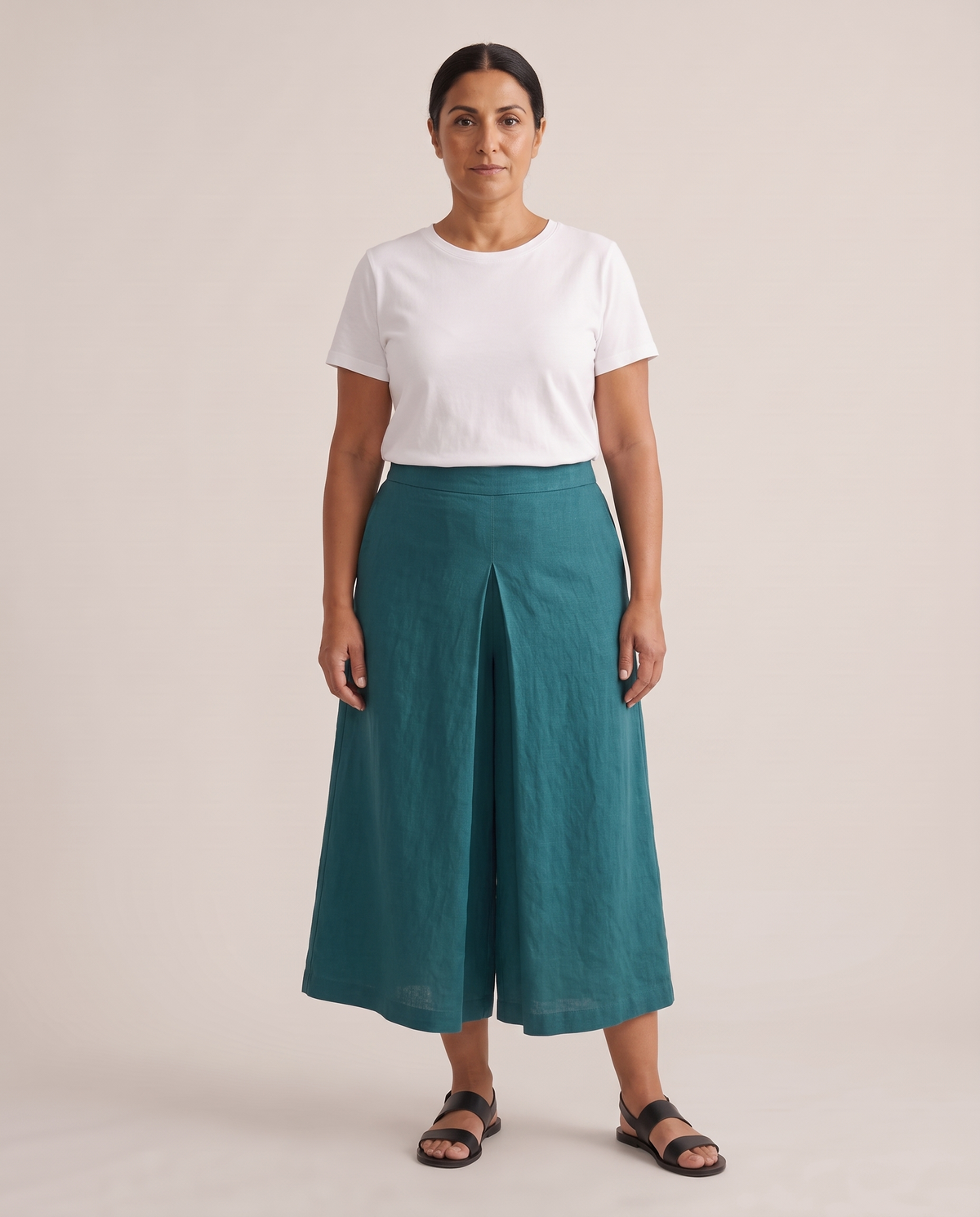 SWAY linen midi culottes in Teal, front view